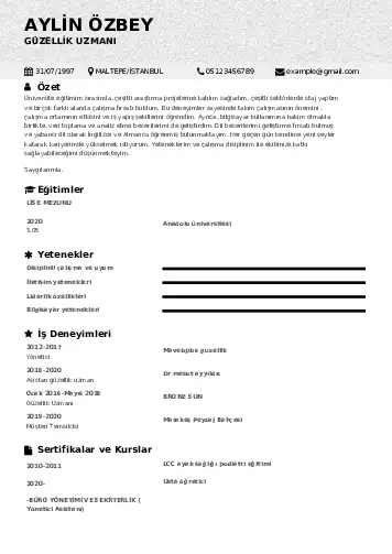 Güzellik Uzmanı Cv Örnekleri  cv indir